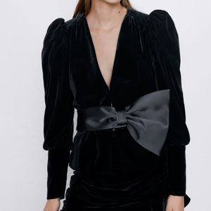 Zara Black Velvet Jacket and Skirt set-with Satin Bow Belt NWOT